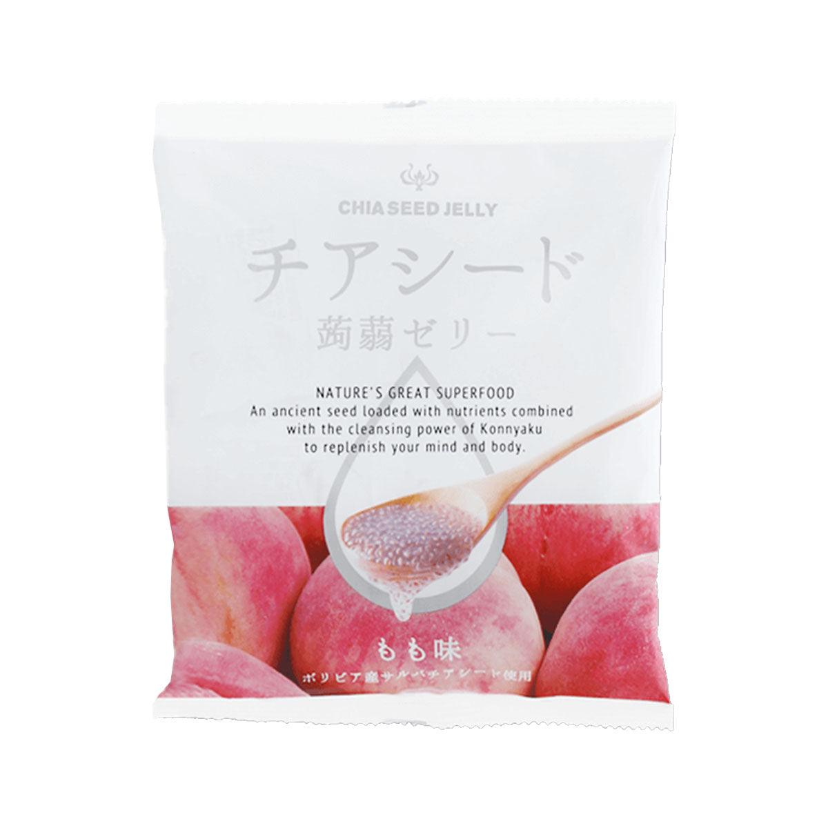 Peach chia seed konnyaku jelly pouch with white packaging and red peach fruit graphic