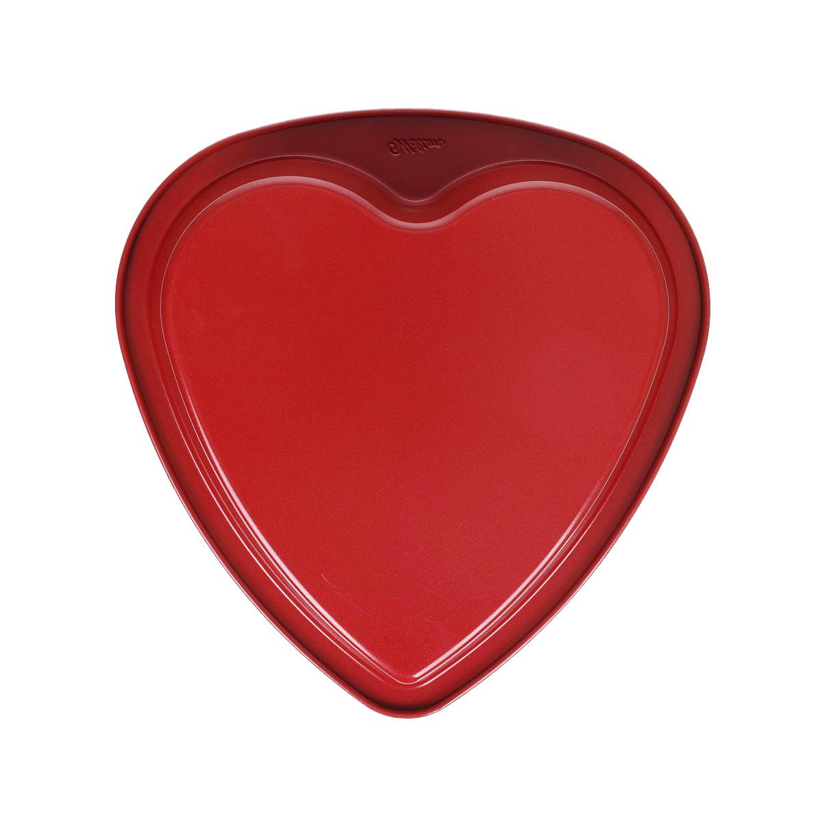 Red heart-shaped nonstick baking pan with embossed logo, 9 in