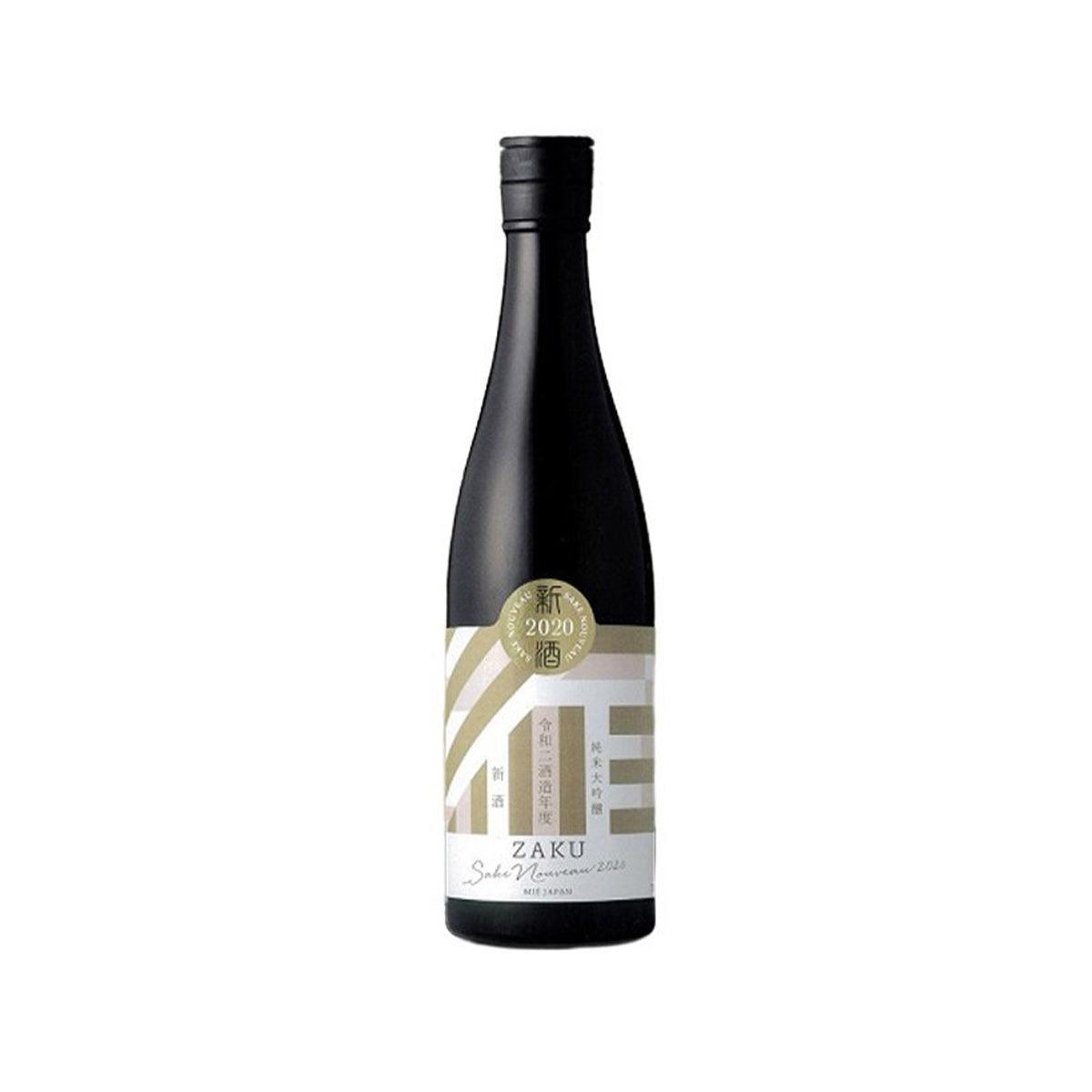 ZAKU Shinshu sake bottle in dark glass with cream label and gold seal