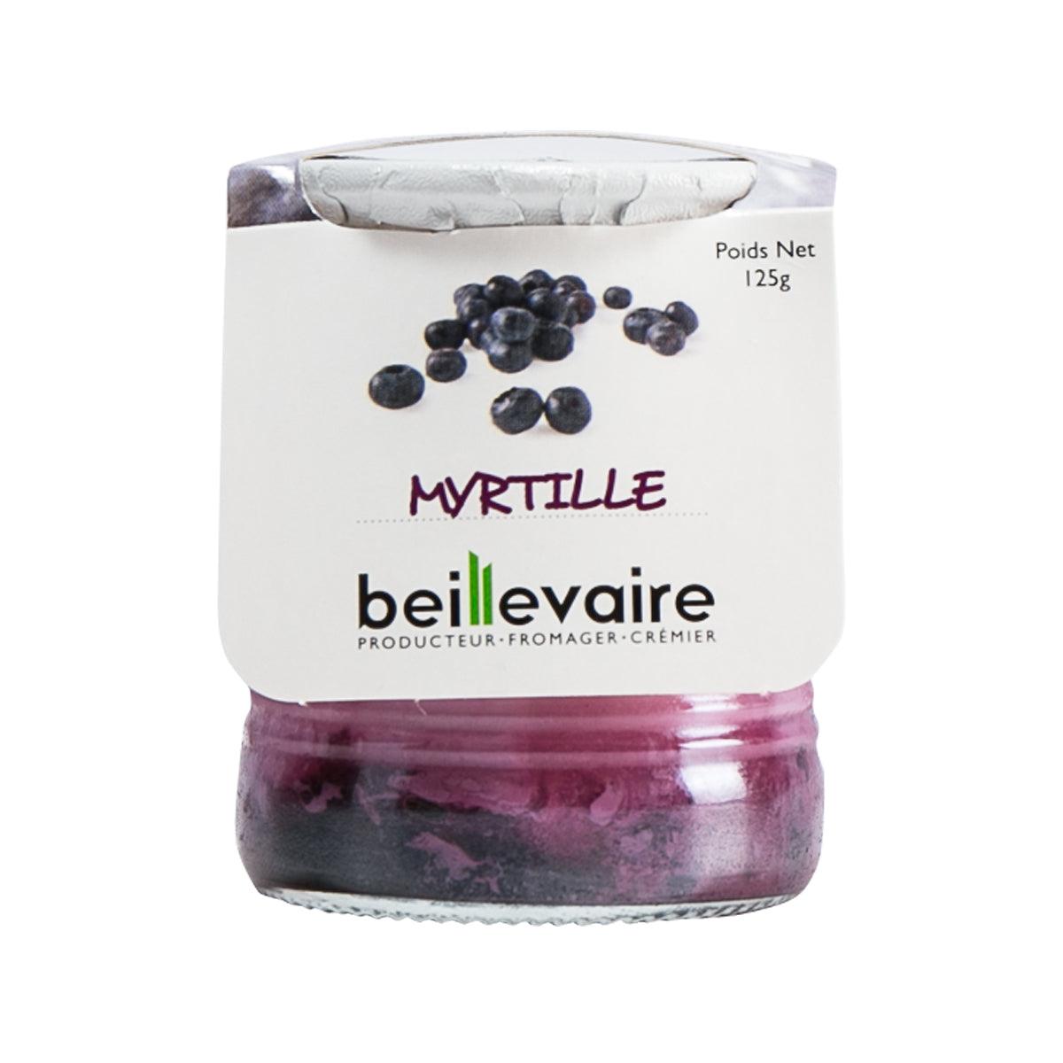 Blueberry yogurt jar with BEILLEVAIRE label, purple lid and berry graphics, 125g