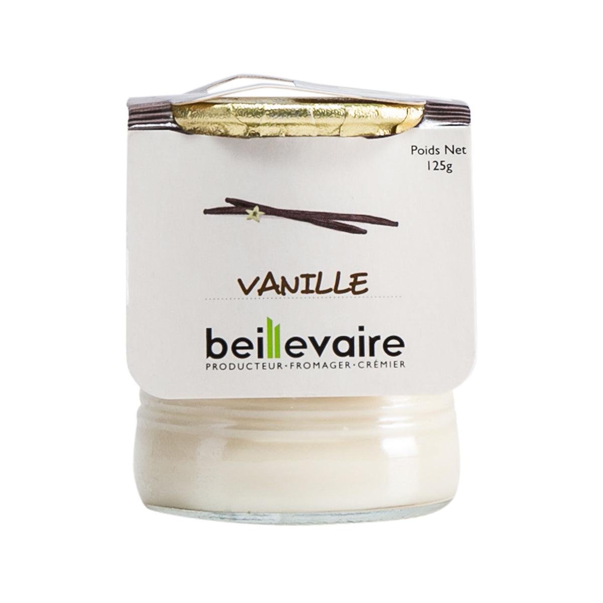 BEILLEVAIRE vanilla yogurt cup, gold foil lid, cream-colored dairy tub