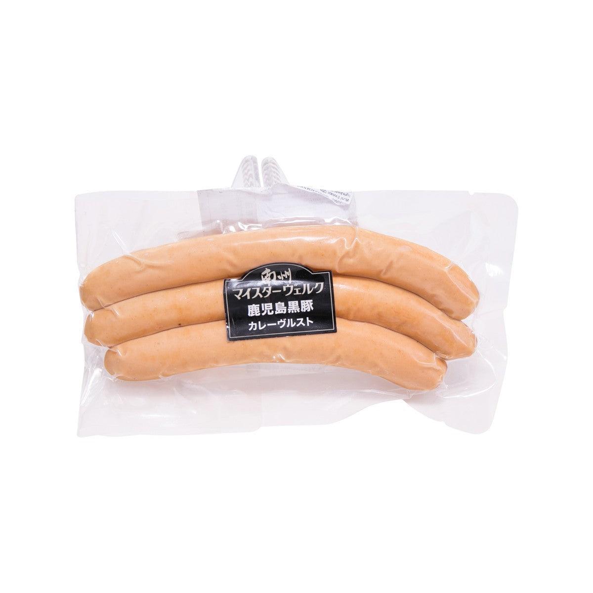 Curry sausage pack with two light-orange sausages in clear plastic wrap