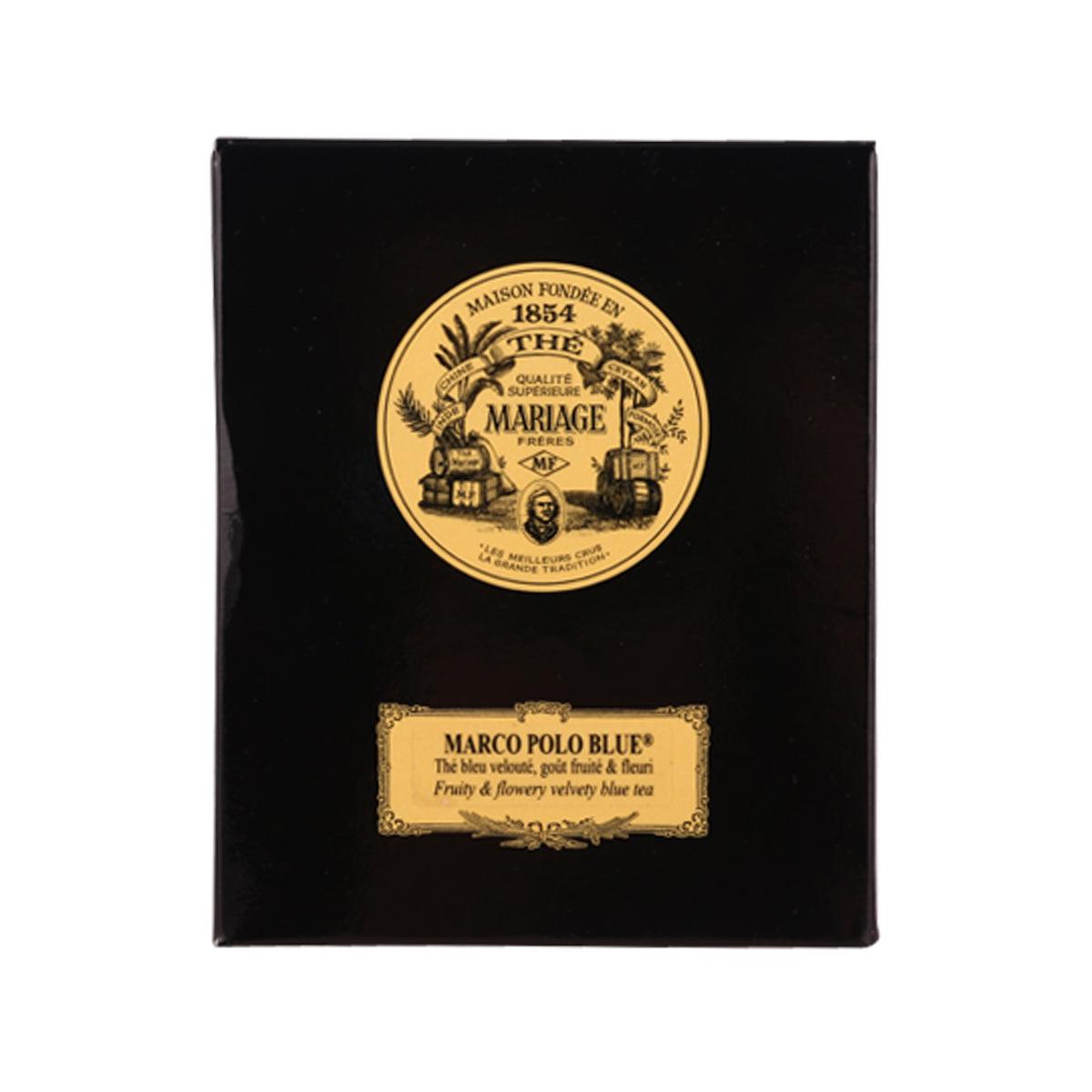 Marco Polo Blue tea box with gold logo and label