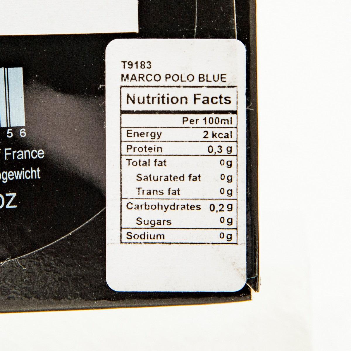 Marco Polo Blue nutrition facts label, per 100 ml on tea box
