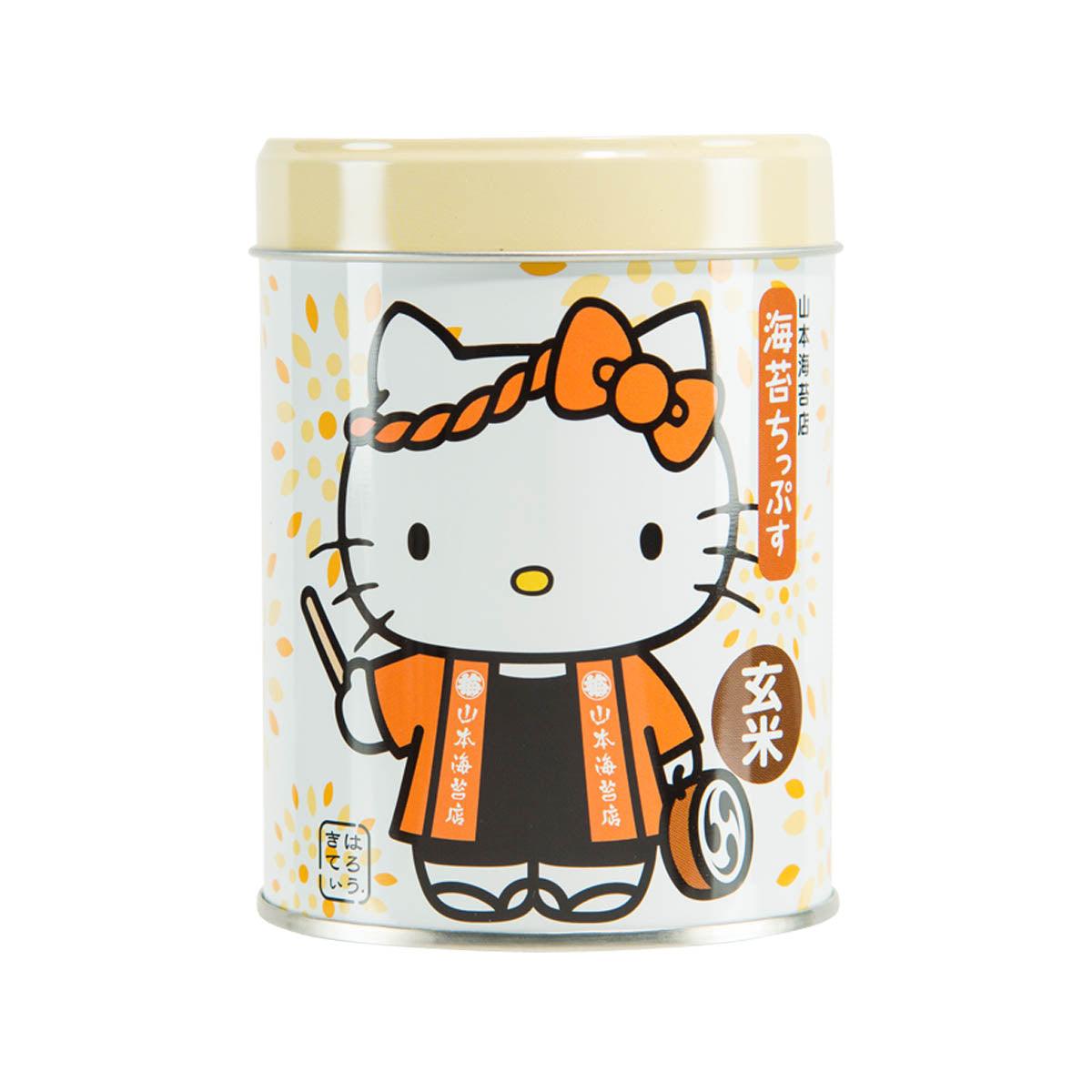 Hello Kitty seaweed snack can, brown rice flavor, front with orange bow illustration