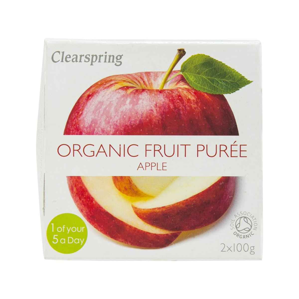 ClearSpring organic apple fruit puree carton, front with apple and leaf graphic