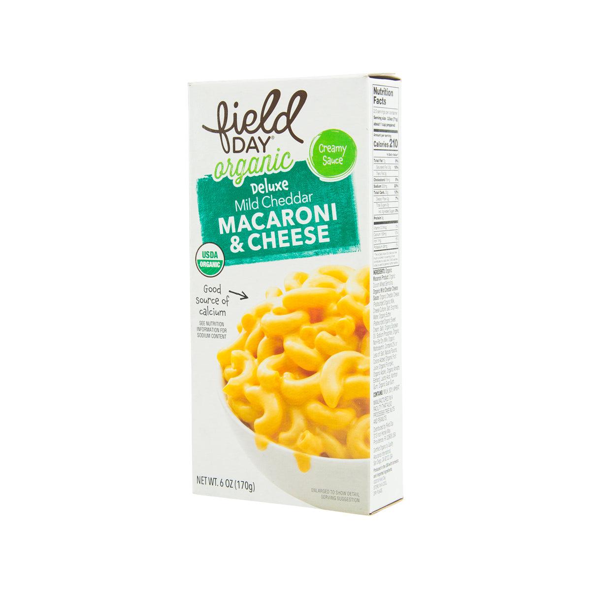 Organic mild cheddar macaroni & cheese box with nutrition facts panel, 170g