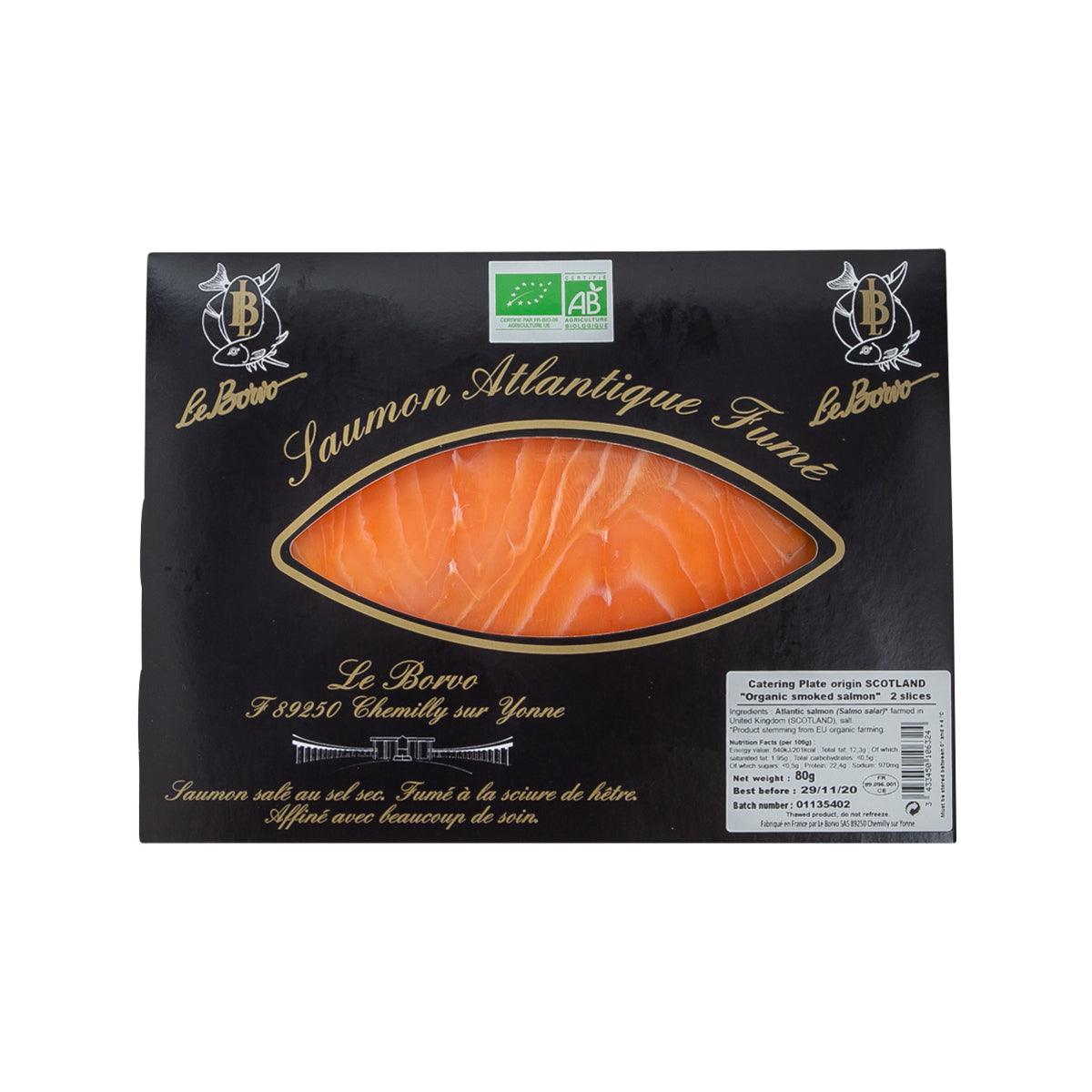 Organic smoked salmon 80g pack with salmon slice graphic on dark label
