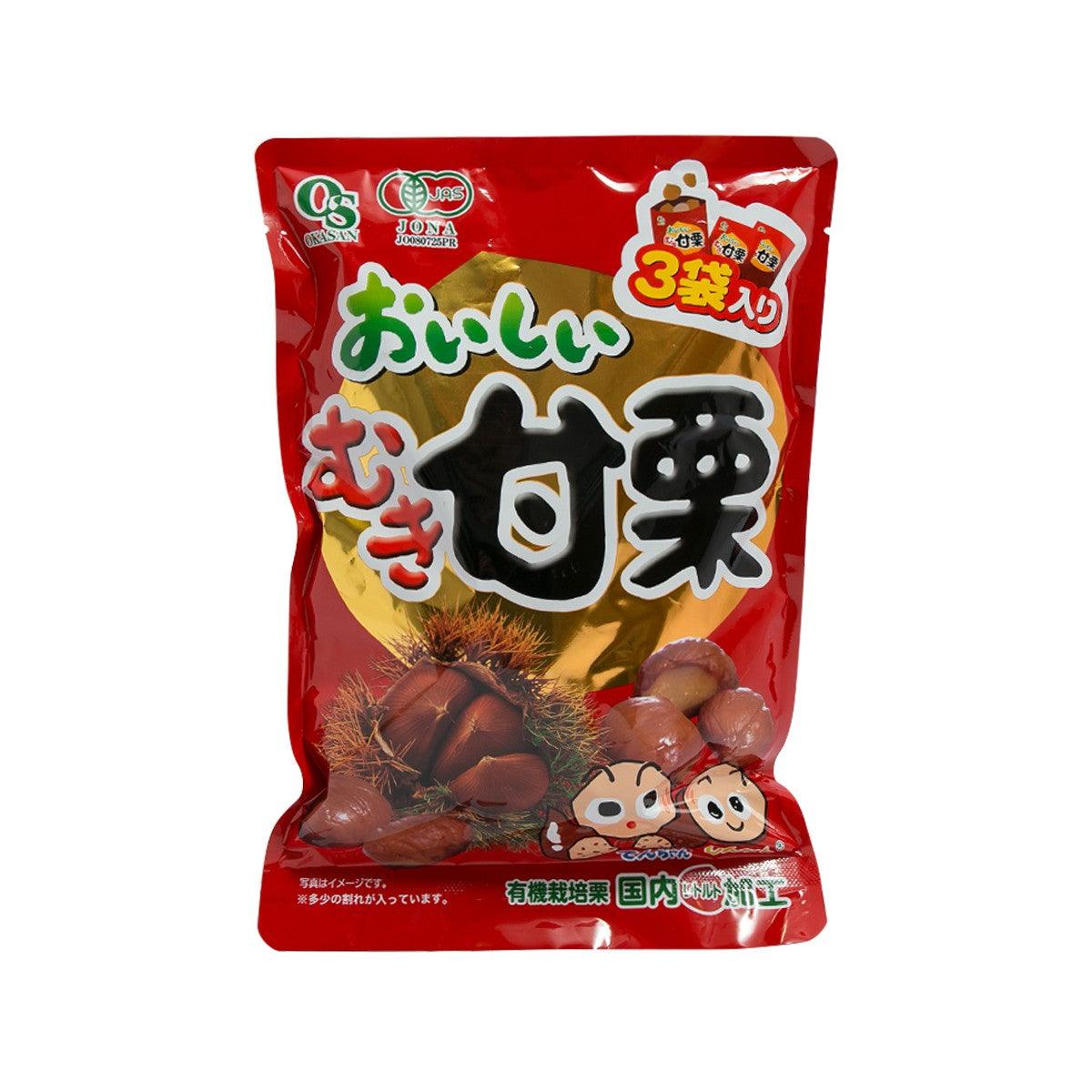 OKASAN-FOOD organic peeled chestnuts pouch, red bag with chestnut illustration
