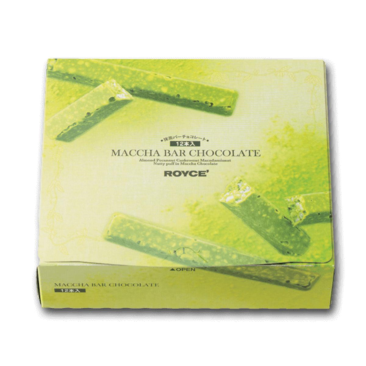 Matcha bar chocolate gift box with green foil design and chocolate bar shapes
