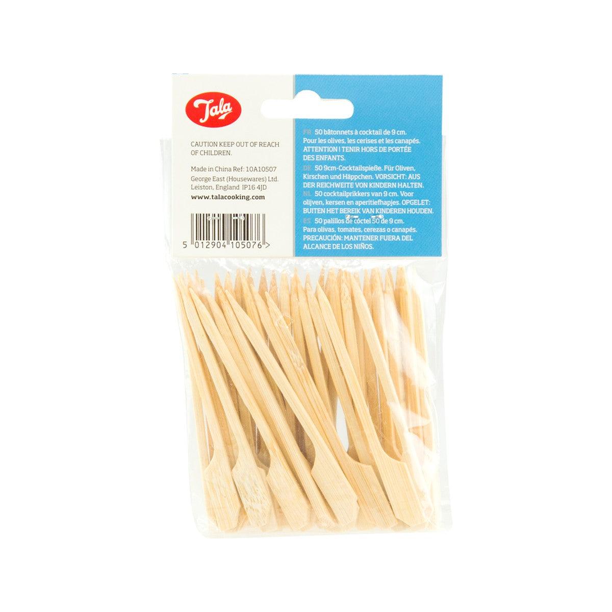 50-pack bamboo cocktail sticks with back label on clear bag