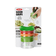OXO handheld spiralizer with 3 blades, green-red-orange top on blister pack