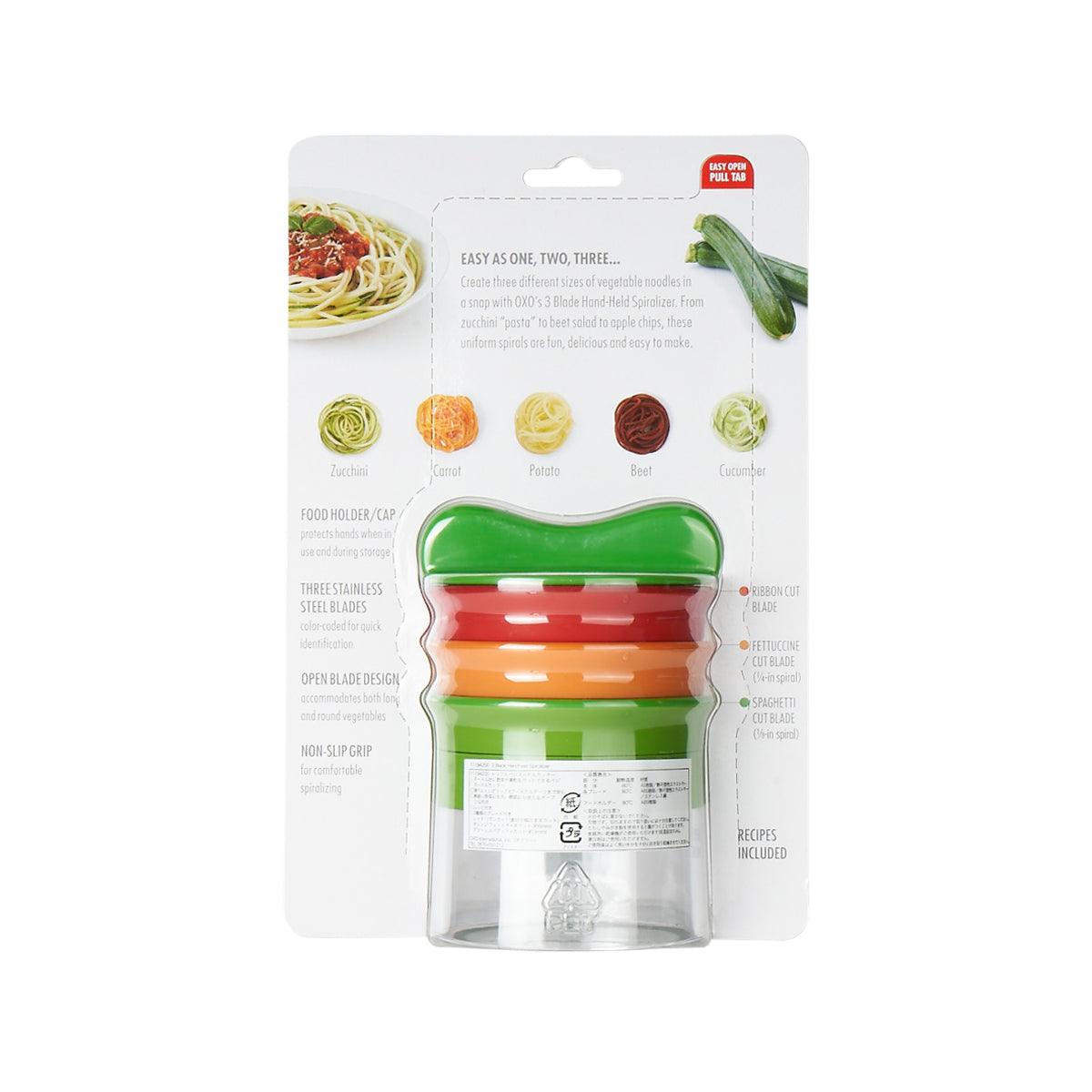 OXO handheld spiralizer blister pack back, shows blade colors and noodle options