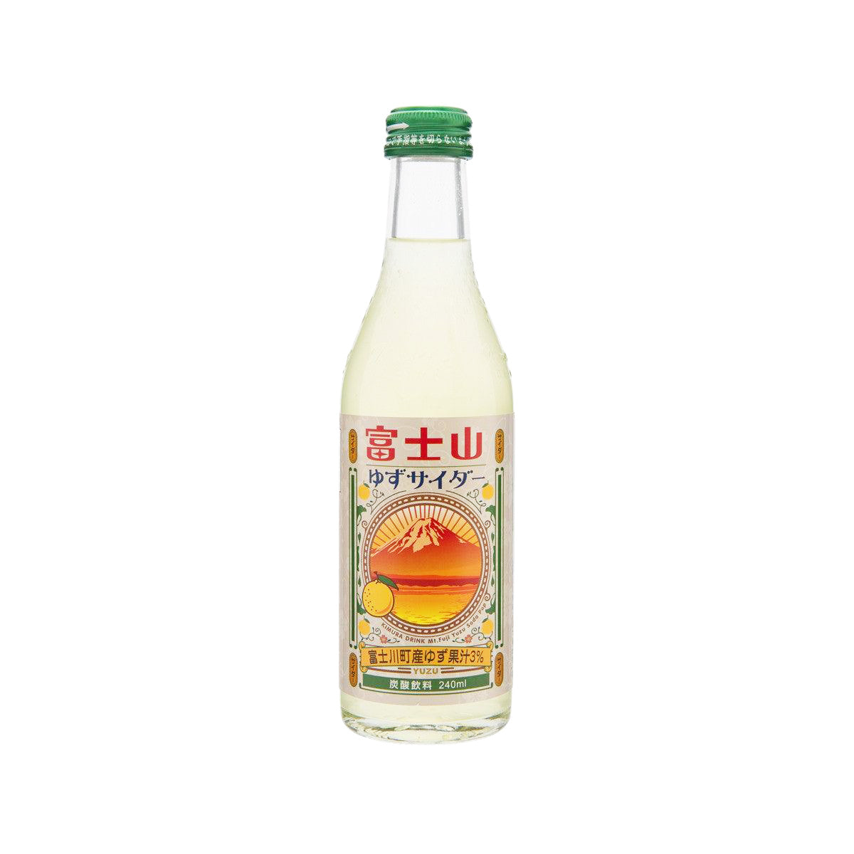 KIMURA DRINK yuzu citron cider bottle, 240 mL, green cap, glass