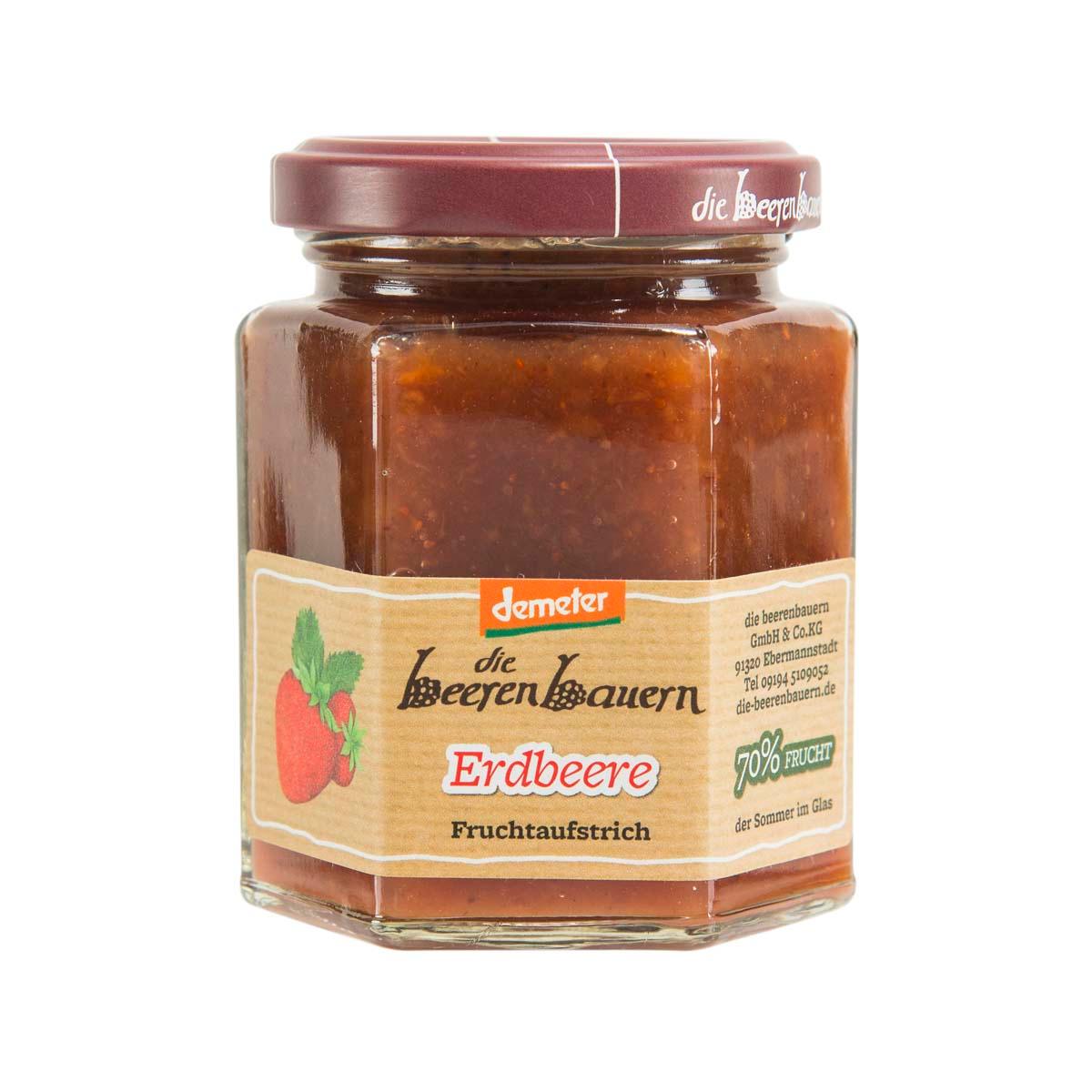 BEERENBAUERN organic strawberry jam jar, 70% fruit, 200 g, front label view