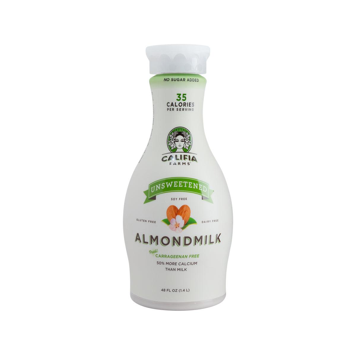 Califia Farms unsweetened almondmilk bottle, white label, 48 fl oz.