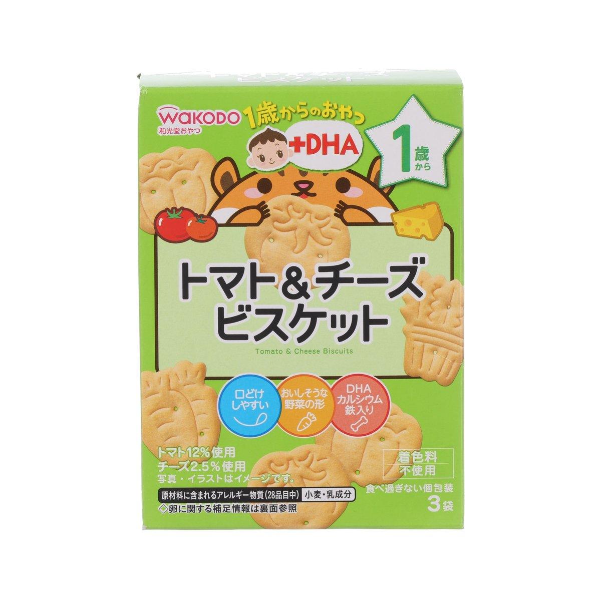WAKODO tomato & cheese biscuits carton, green box with child and biscuit graphics