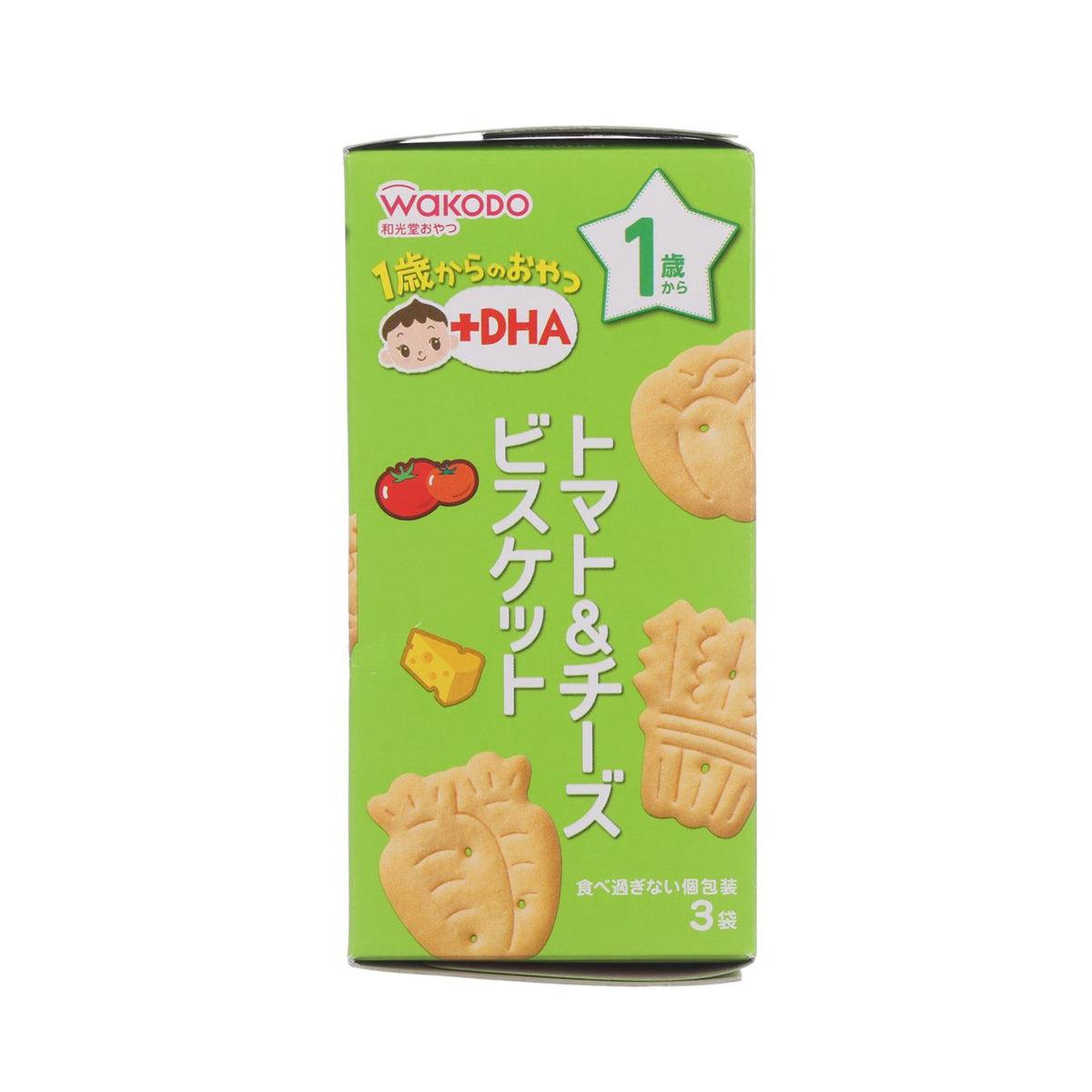 WAKODO tomato & cheese biscuits carton front, green box with 1-serving badge and biscuits
