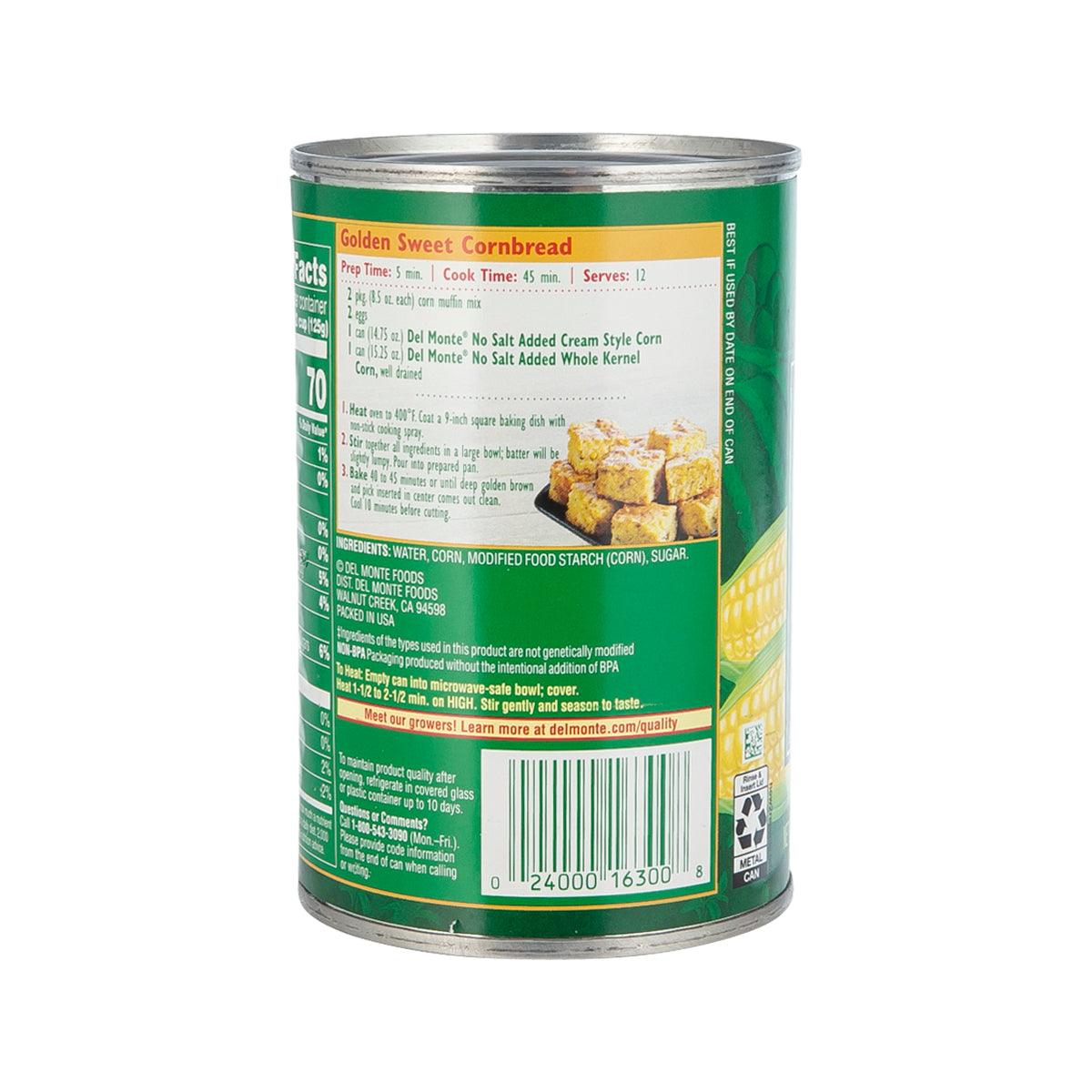 Del Monte canned sweet corn cream style, no salt added, back label