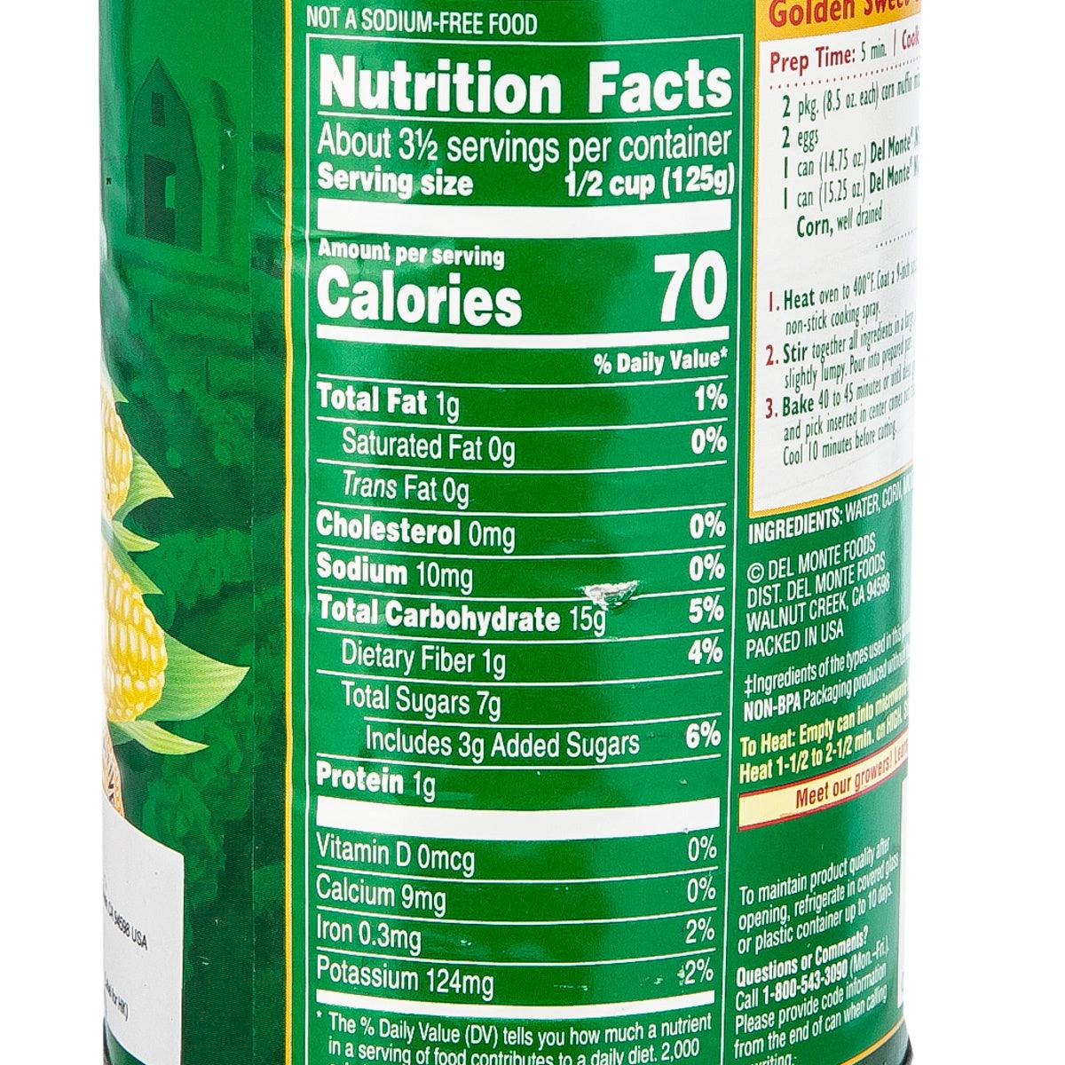 Del Monte sweet corn no salt added nutrition facts panel