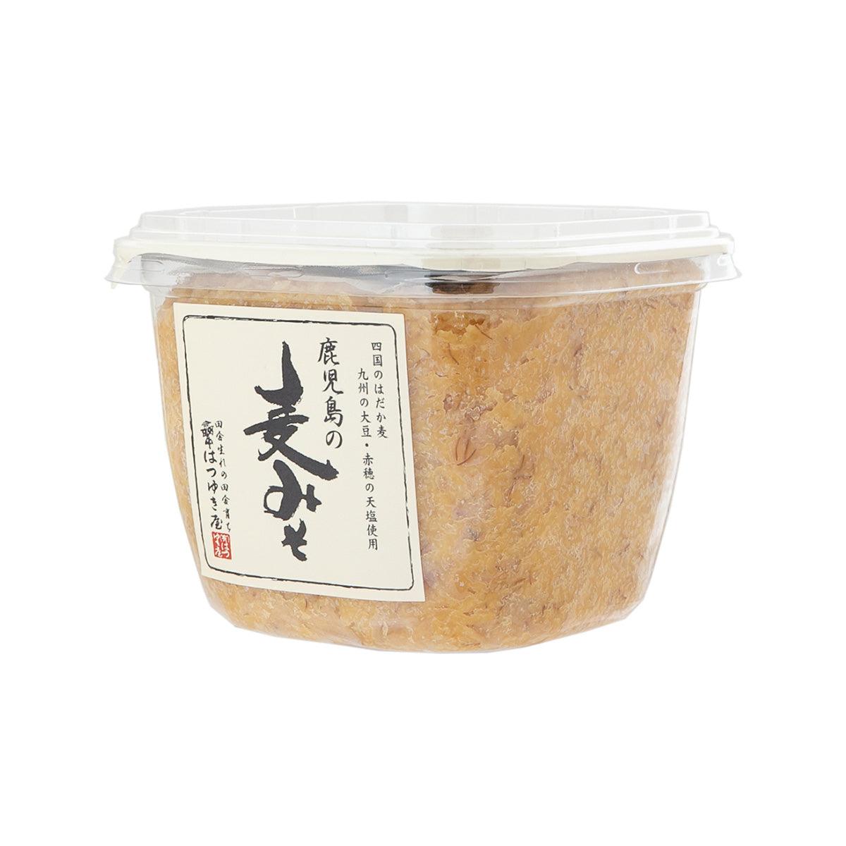 Kagoshima malt miso tub with clear lid and front label in black and white