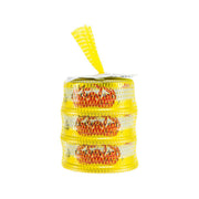 Yellow mesh-wrapped crab flake can with yellow lid and ribbon pull