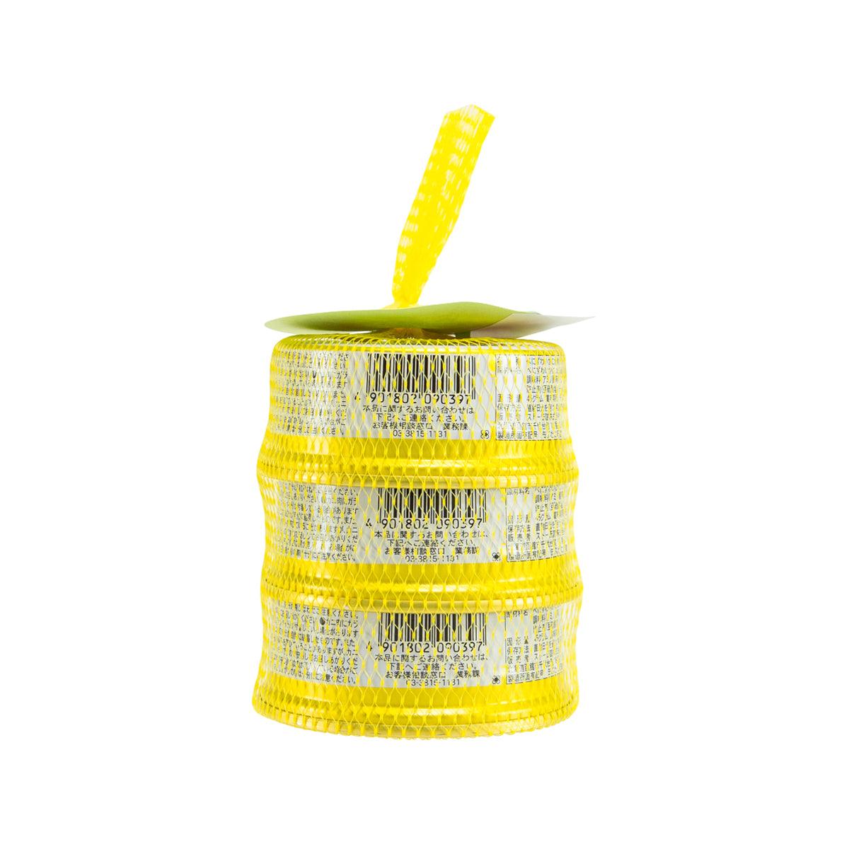 Yellow mesh-wrapped crab flake can with barcode label on back