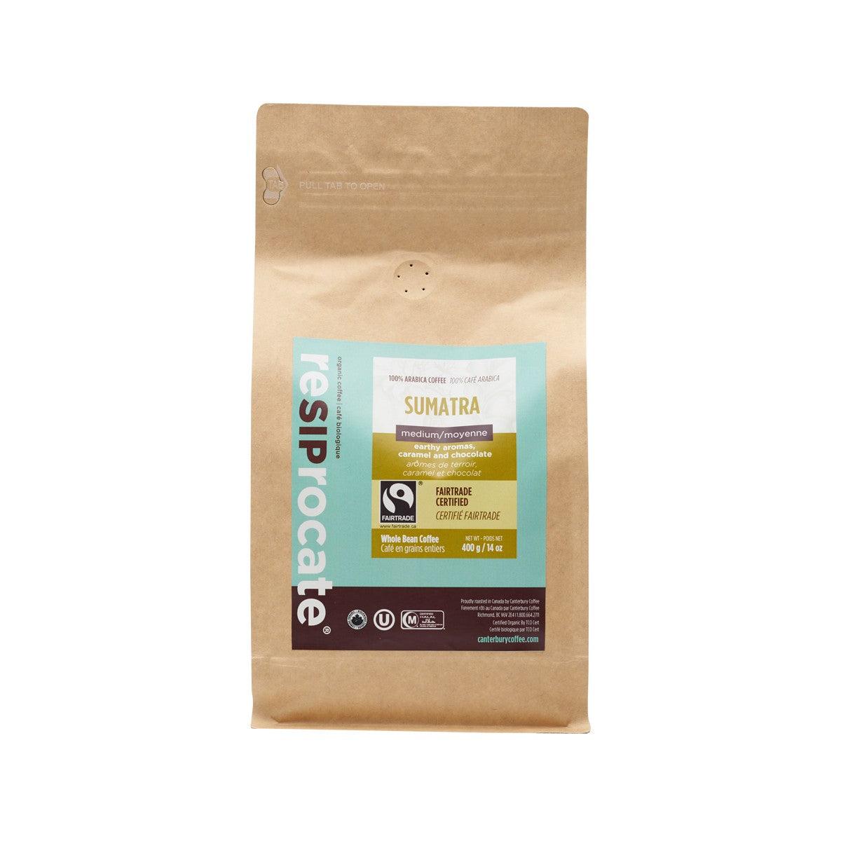 Organic Sumatra Arabica whole bean coffee bag, 400 g