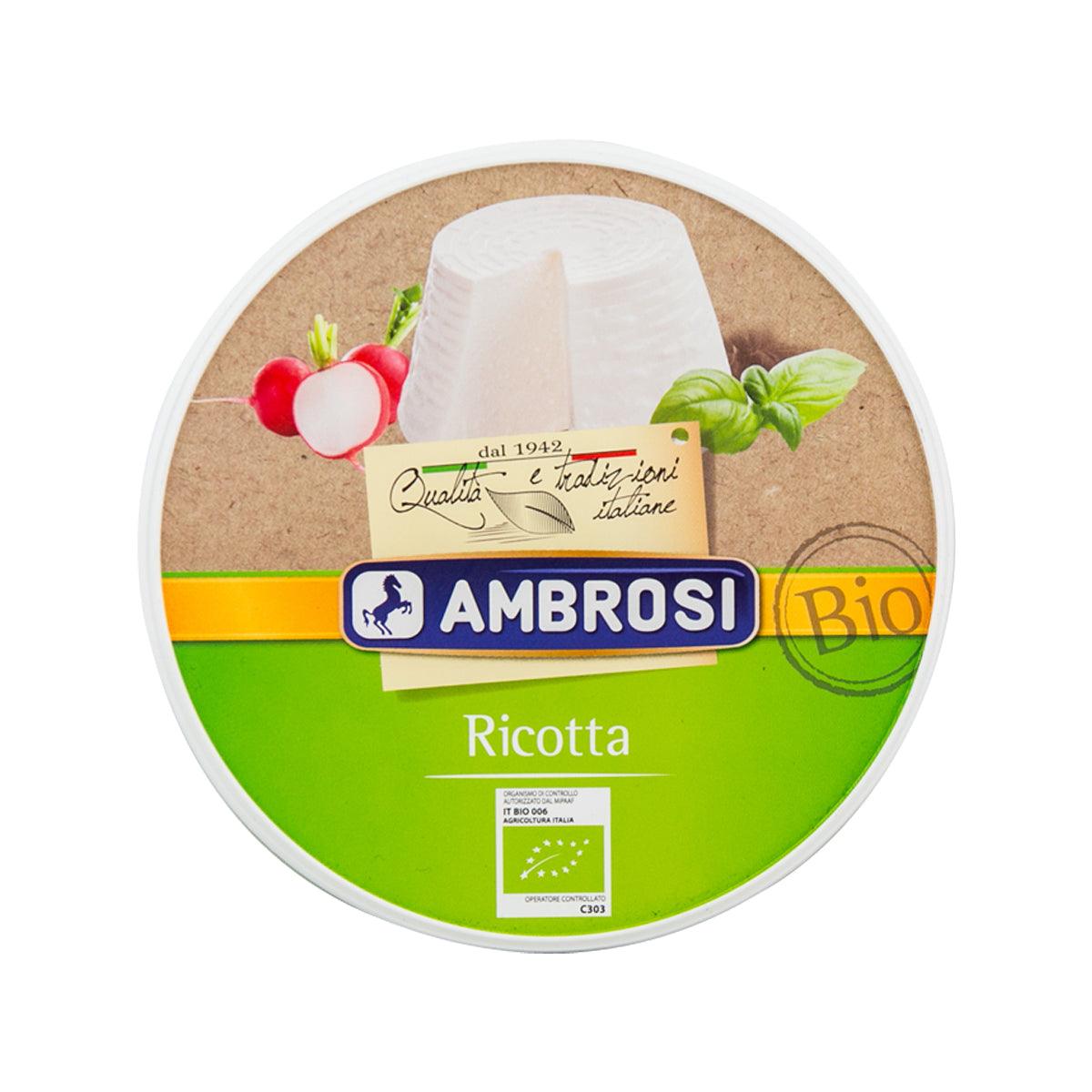 Ricotta cheese tub with green Organic Bio label and white lid top, 250 g