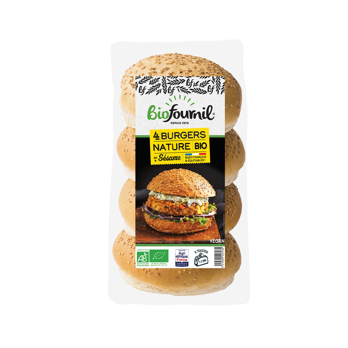 L'ANGELUS organic burger buns with sesame seeds, 4 buns in clear bag