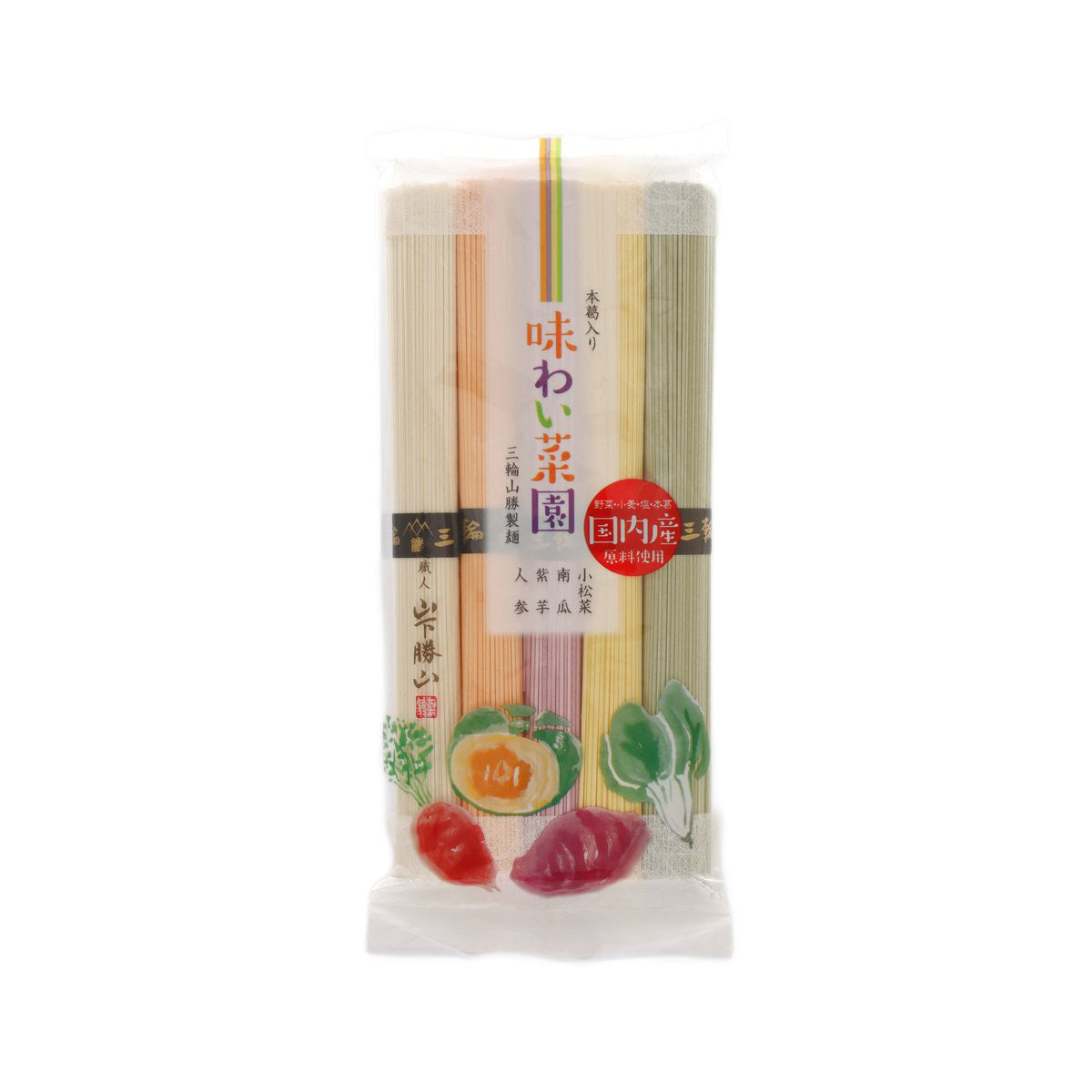 Vegetable soumen noodle package with green and colorful vegetable illustrations