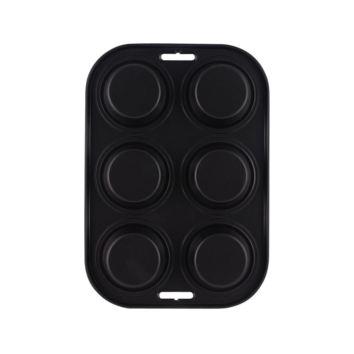 Black 6-cup muffin mold pan with six round baking cavities