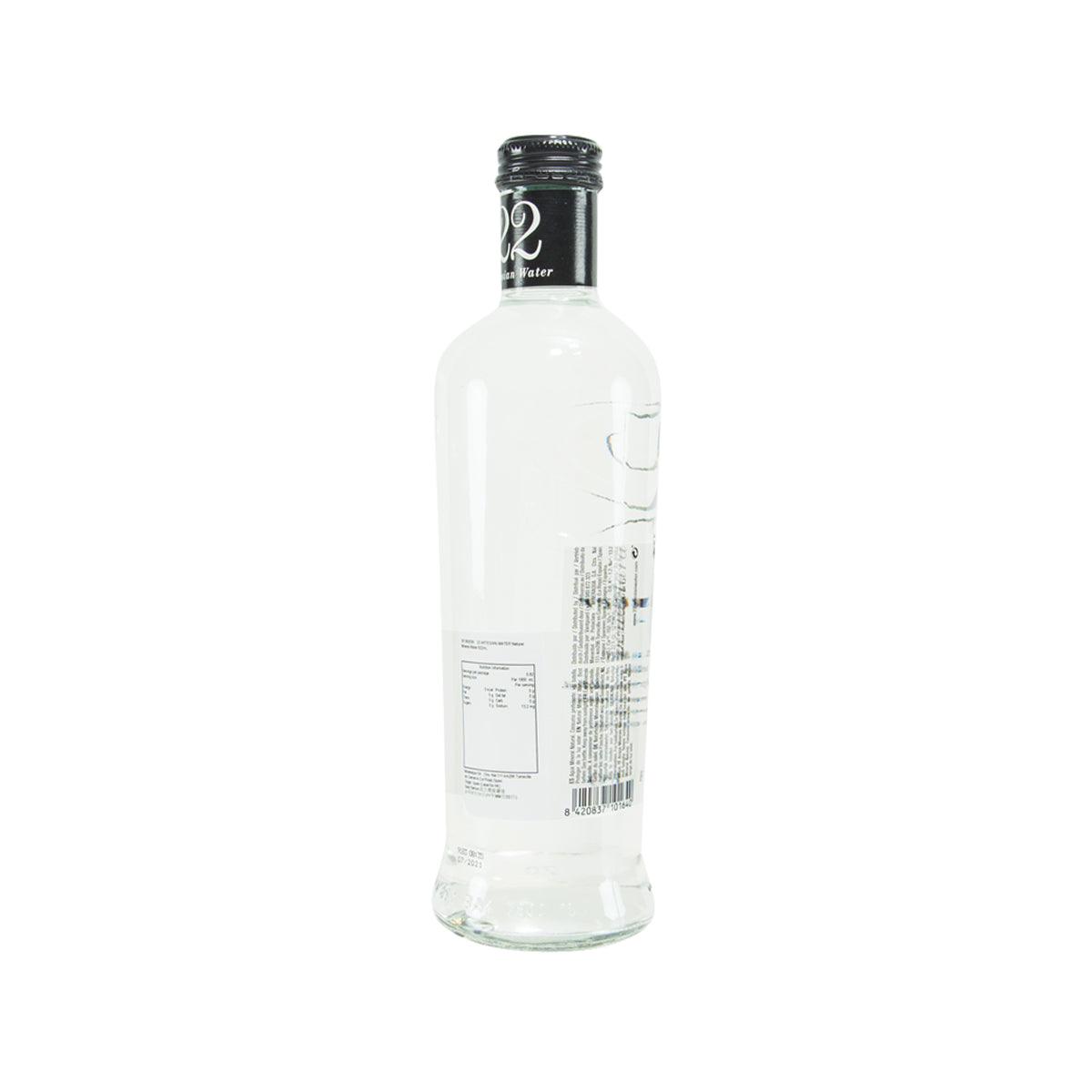 Natural mineral water bottle, clear glass with dark cap, back label view