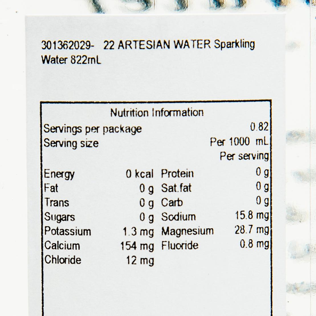 Nutrition information label for sparkling water, per 1000 mL and per serving