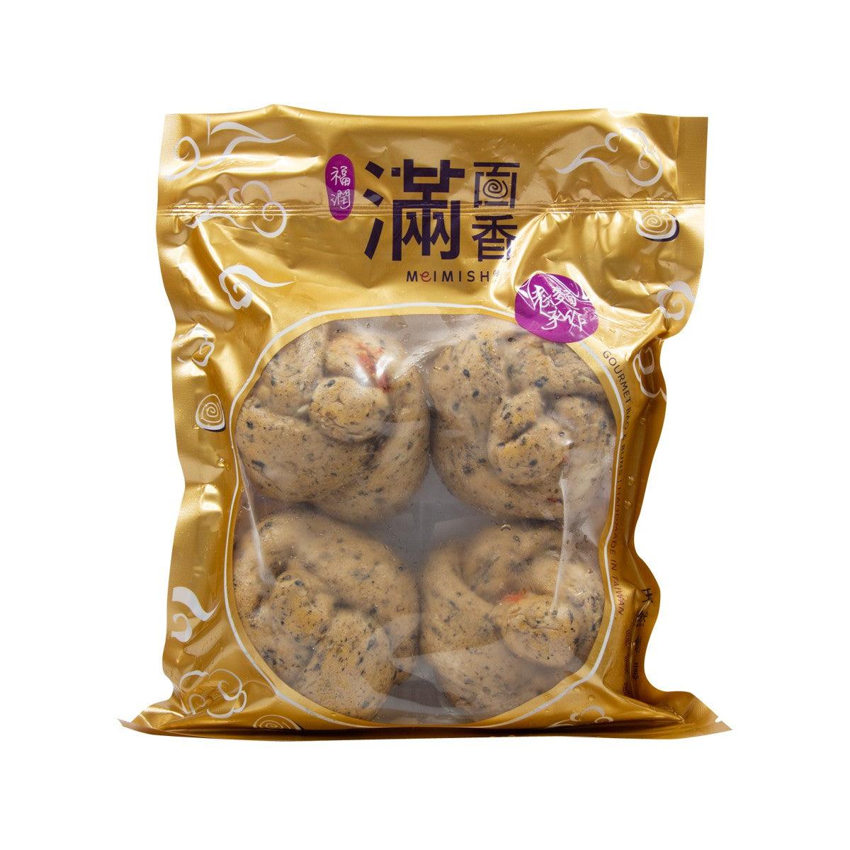 Gold foil pouch of mixed nuts snack buns, showing round cookie pieces