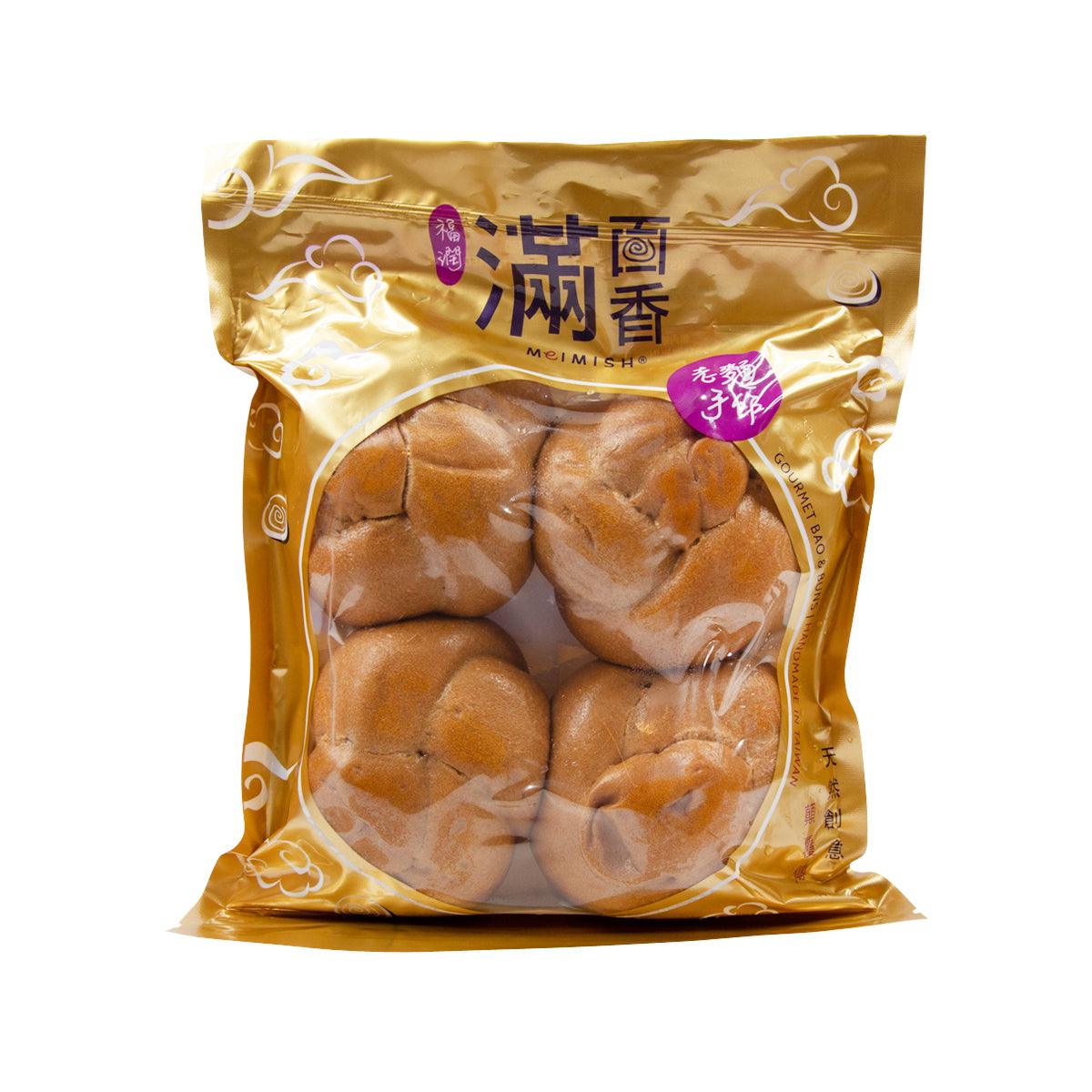 Bagged brown sugar buns, golden-brown rolls in clear window pouch