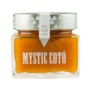 LORUSSO organic peach extra jam in glass jar with gold-toned contents and patterned lid
