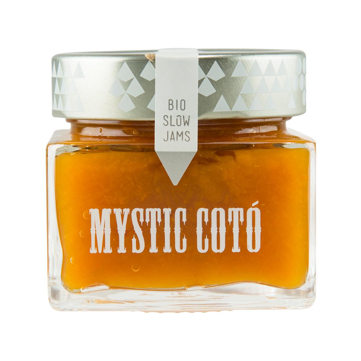 LORUSSO organic peach extra jam in glass jar with gold-toned contents and patterned lid