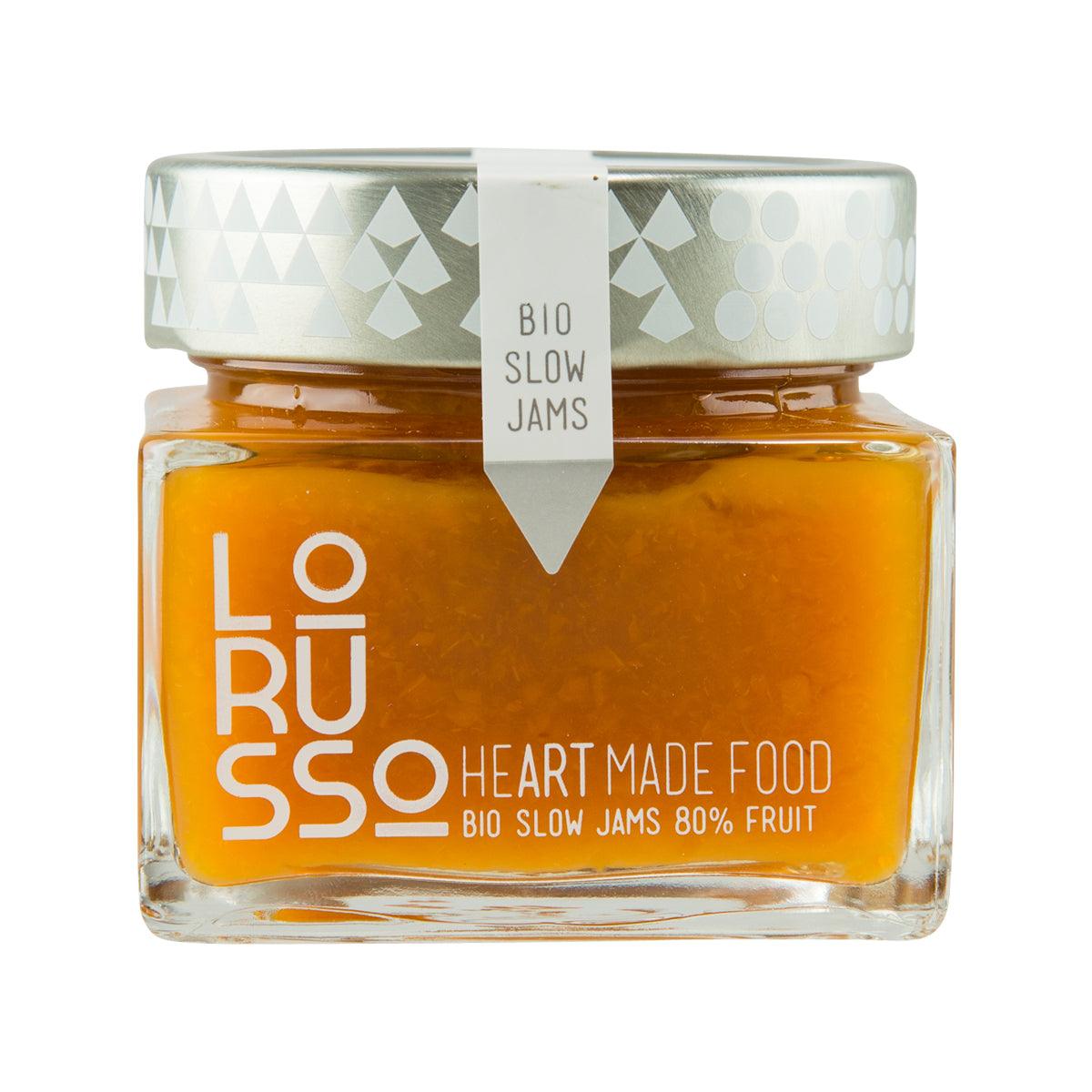 LORUSSO organic peach extra jam glass jar with front label and patterned light lid