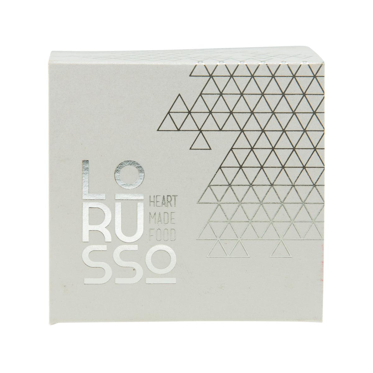 LORUSSO organic peach extra jam gift box with geometric pattern and brand text