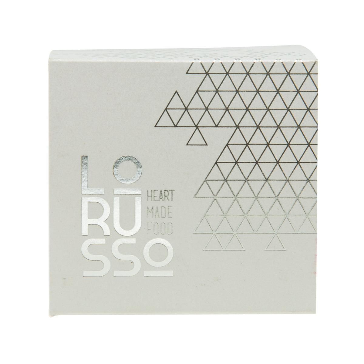 LORUSSO jam carton with geometric tree pattern and “heart made food” text