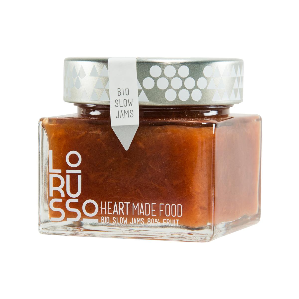Organic jam jar in clear glass with patterned lid and BIO slow jams label