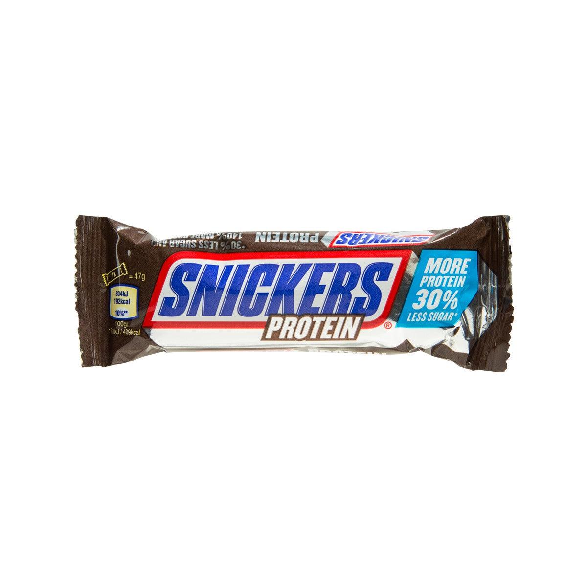 SNICKERS Protein bar in brown wrapper, 'More protein' 30% less sugar