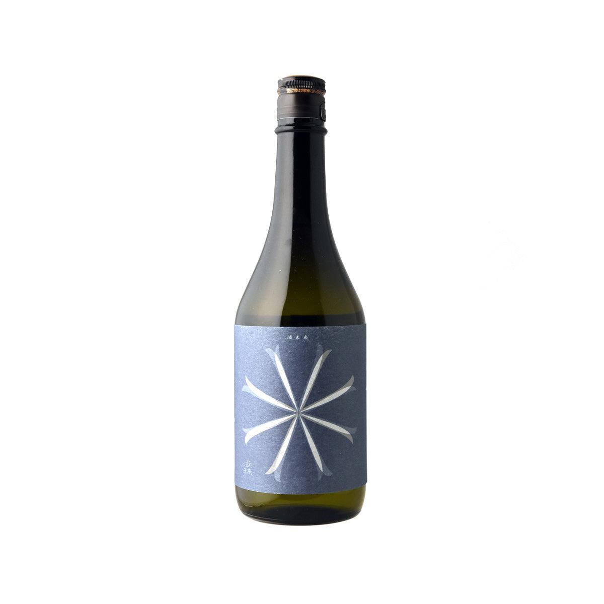 Sake bottle with dark glass, black cap, and pale blue label with white starburst