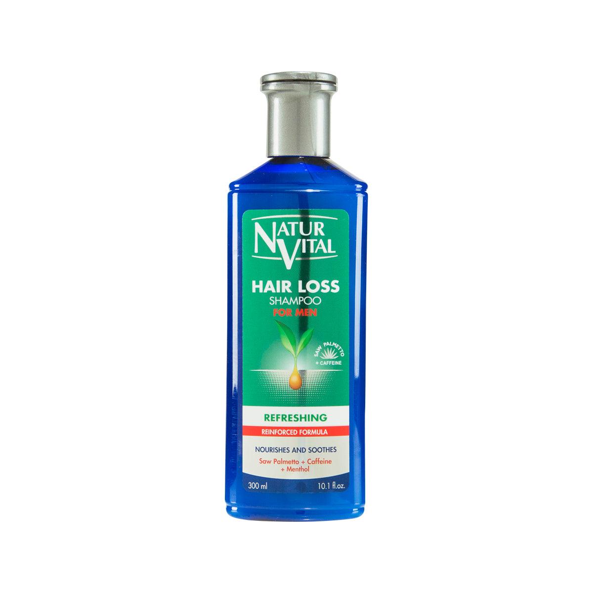 Men's hair loss shampoo bottle, blue front label, 300 mL
