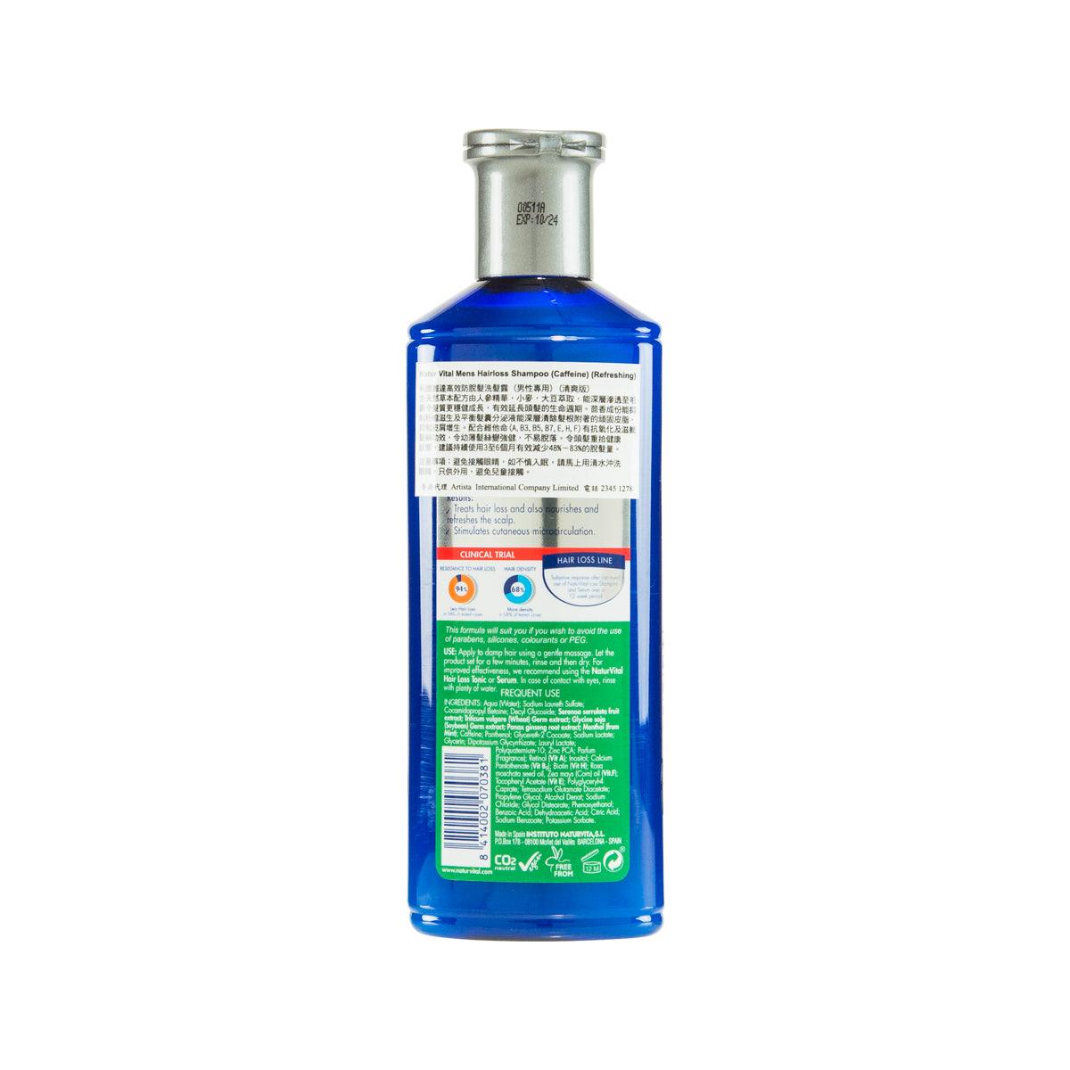 Men's hair loss shampoo bottle, blue back label with ingredient panel, 300 mL