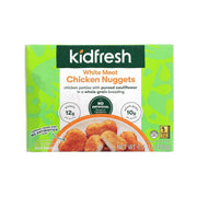 Kidfresh white meat chicken nuggets box, green carton with nugget photo