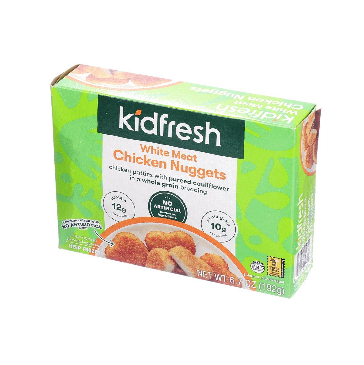 Kidfresh white meat chicken nuggets carton with green pattern and front label