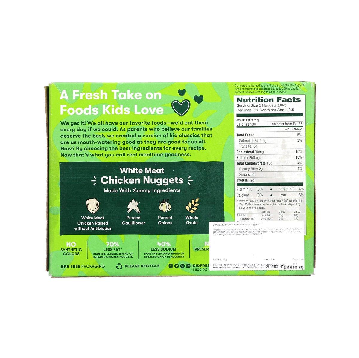 Kidfresh white meat chicken nuggets back panel with nutrition facts and ingredients