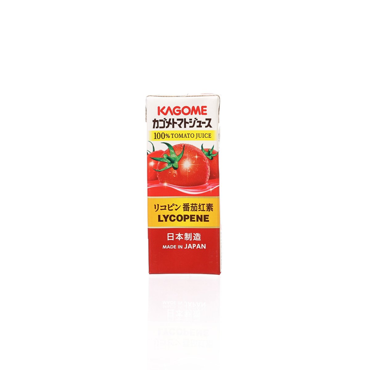 KAGOME 100% tomato juice tetra pack (200mL) with tomato and lycopene label